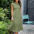 thumbnail image 4 of Tumotour Robes d'Été pour Femmes, Ligne A, Col Rond, Couleur Unie, Robe Décontractée à Volants, Longueur Thé, Manches Courtes, Robe Midi Évasée Fluide, Robes Bohèmes pour Sorties, Plage, Rendez-Vous, Vacances, 4 of 7