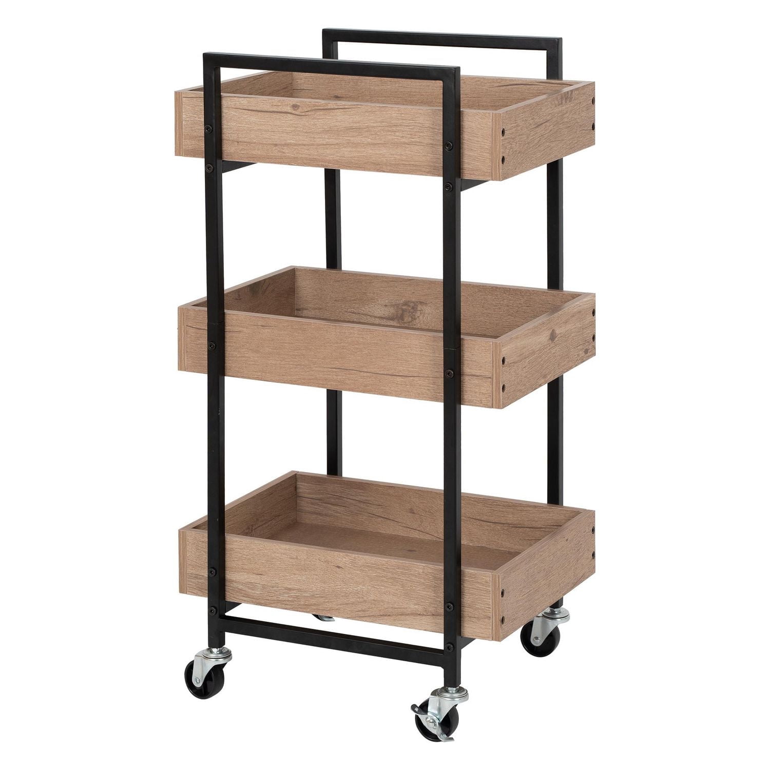 Better Homes & Gardens 3-Tier bois et acier rouler chariot utilitaire; Cadre en métal Durable; Chêne naturel et finition métal noir