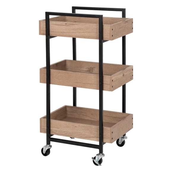 Better Homes & Gardens 3-Tier Wooden & Steel Rolling Utility Cart; Durable Metal Frame; Natural Oak and Black Metal Finish with Locking Casters.