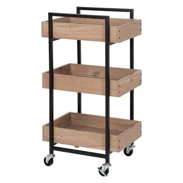 Better Homes & Gardens 3-Tier Wooden & Steel Rolling Utility Cart; Durable Metal Frame; Natural Oak and Black Metal Finish with Locking Casters.