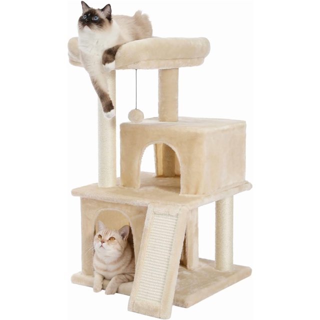 Cat Tree es Cat Tower with Dual Condos for Indoor Cats Plush Cat House with Padded Perch Scratching Ramp and Posts and Replaceable Balls-