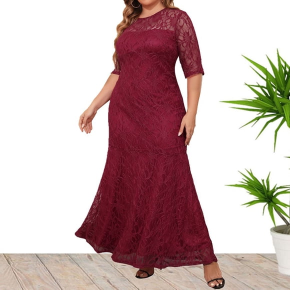Meichang Long Mother of the Bride Dresses for Wedding Plus Size Short Sleeves Crew Neck Lace Floral Formal Dresses Solid Evening Dresses Prom Dresses Wedding Guest Dresses for Women