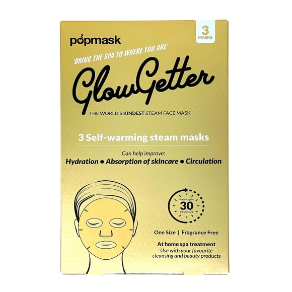 Popmask Glow Getter Masque Autochauffant Doré, Lot de 3 - Se Réchauffe en 30 Secondes, Source de Chaleur Naturelle, Dure 20 Minutes - 3 Masques Intégraux pour le Visage