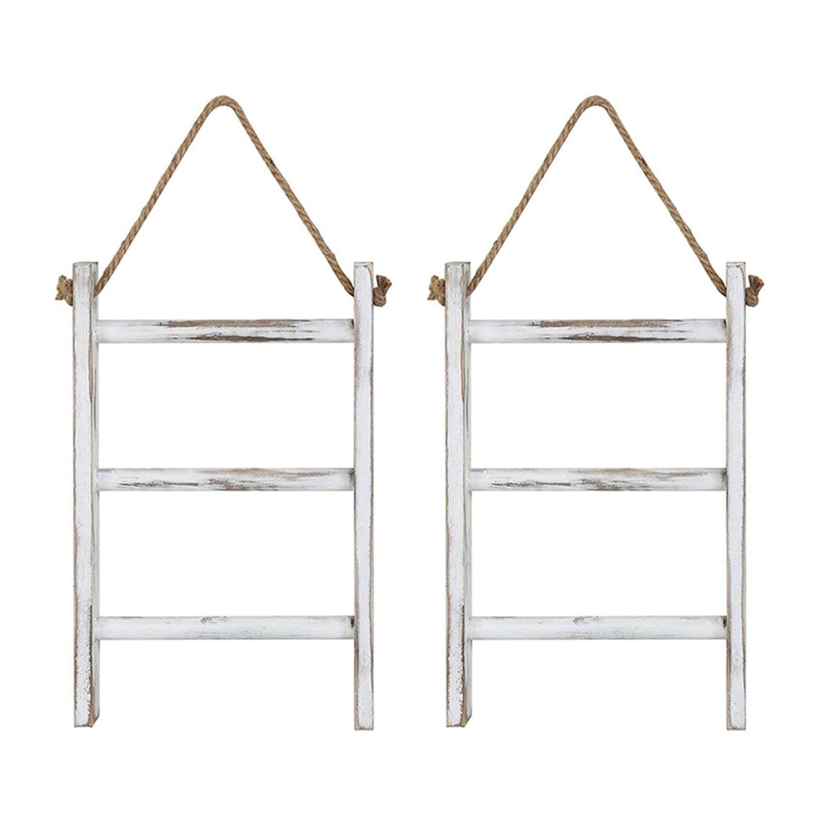 2X Wall-Hanging Towel Ladder Rustic Whitewashed Wood Countertop Ladder Farmhouse Decor Towels Rack with Adjustable Rope