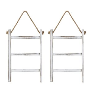2X Wall-Hanging Towel Ladder Rustic Whitewashed Wood Countertop Ladder Farmhouse Decor Towels Rack with Adjustable Rope