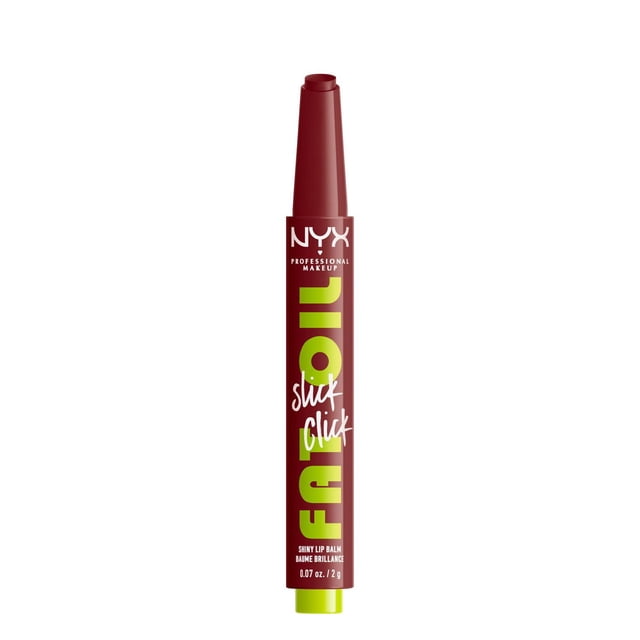 NYX PROFESSIONAL MAKEUP Fat Oil Slick Click balm in a stick in raspberry pink with click-up packaging, maroon body, and lime green base, offering a lightweight, buildable tinted lip balm infused with nourishing oils for 12-hour hydration and a non-sticky high shine finish.