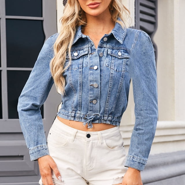 Vestes pour Femmes Mode pour Femmes Couleur Col à Revers Style Amincissant Manche Veste en Denim
