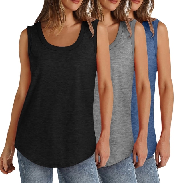 Plebaso Lot de 3 Débardeurs pour Femmes Décontractés d'Été Sans Manches Amples Col Rond T-Shirts Basiques pour Dames