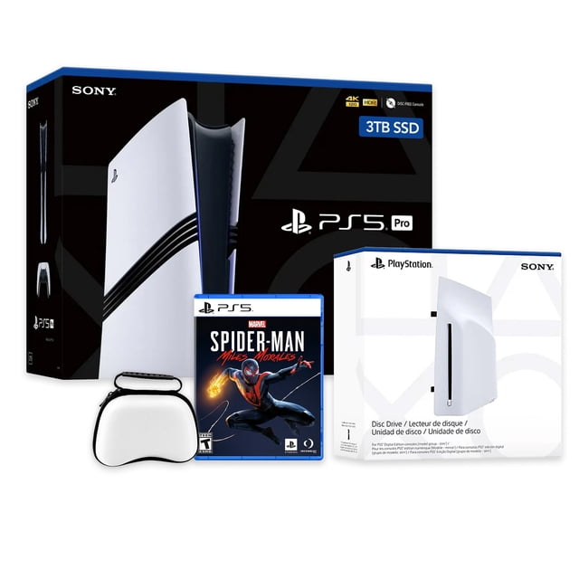PlayStation 5 Pro 3TB SSD Console with Disc Drive, Wireless Controller, and Spider-Man: Miles Morales game. The bundle includes a DualSense controller, USB charging cable, HDMI cable, AC power cord, horizontal stand, and a hard shell controller case. Features advanced ray tracing, AI-enhanced 4K resolution, and support for 60Hz and 120Hz displays. Backwards compatible with PS4 games and optimized for smooth gameplay.