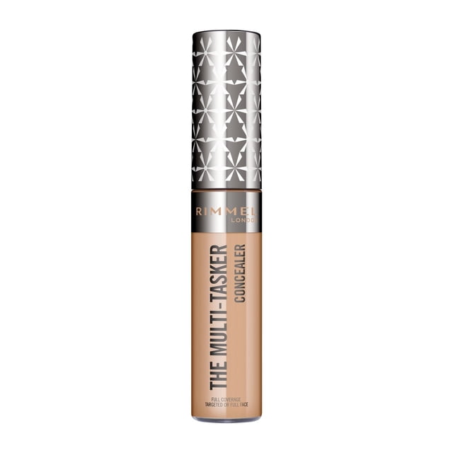 Rimmel Multi-Tasker Concealer in beige with large soft wand and blendable full coverage formula, crease-proof, transfer-proof, and waterproof, designed to conceal blemishes, brighten dark circles, and even skin tone, often used for targeted or full-face application.