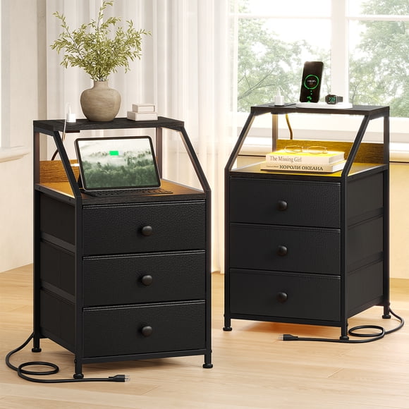 GUNAITO Ensemble de 2 Tables de Nuit avec Station de Recharge Table d'Appoint avec 3 Tiroirs Table de Bout avec Tablette Ouverte Table de Chevet avec Ports USB et Prises Table de Nuit pour Chambre Noir