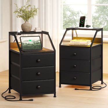 GUNAITO Ensemble de 2 Tables de Nuit avec Station de Recharge Table d'Appoint avec 3 Tiroirs Table de Bout avec Tablette Ouverte Table de Chevet avec Ports USB et Prises Table de Nuit pour Chambre Noir