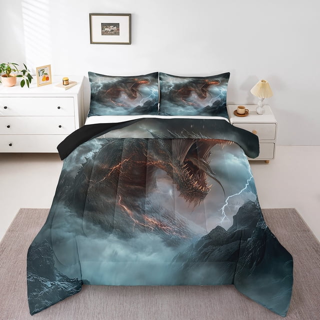 YST Ensemble de Douillette Taille Simple Gothique Dragon, Ensembles de Literie Doux Ptérosaure Rugissant, Ensembles de Douillette Imprimés Faune Tonnerre Roche pour Enfants Filles pour Chambre, Couette Chaude Ciel Orange Blanc