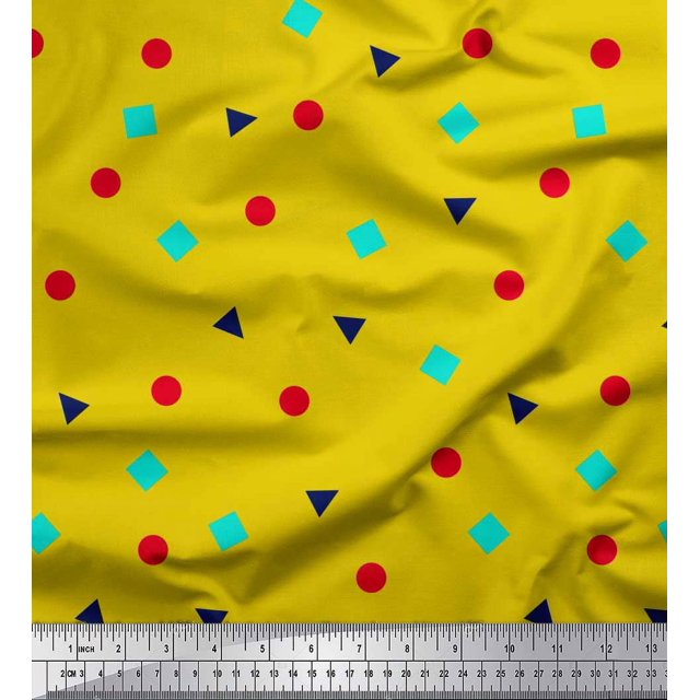 Soimoi Polyester Crepe Fabric Square,Dot & Triangle Geometric Decor Fabric Printed Yard 52 Inch Wide