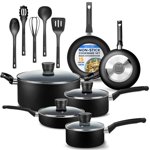 SereneLife Kitchenware Pots & Pans Basic Kitchen Cookware, Black Non-Stick Coating Inside, Heat Resistant Lacquer (15-Piece Set), One Size