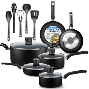 SereneLife Kitchenware Pots & Cuisinière de cuisine de base, Revêtement noir non-brillant à l'intérieur, Laque résistant à la chaleur (15-Piece Ensemble), une taille