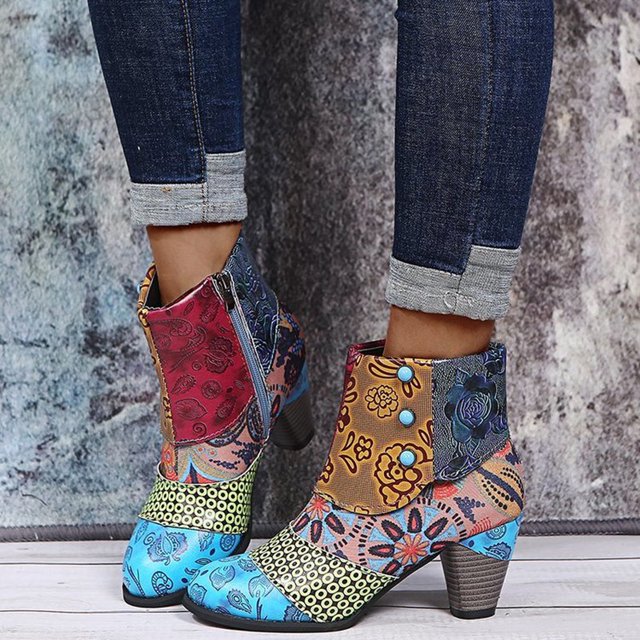 Women's Shoes Retro National-Style Splicing Mid Heel Zipper Short Leather Boots