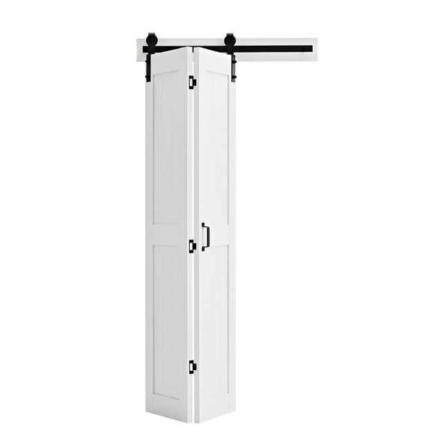 KFFKFF Bifold Barn Door, 36" x 84", MDF Bi-Fold Sliding Closet Doors, Header Board and Hardware Kit Included, H-Frame Space-Saving Design, Panels Need to Assemble, White