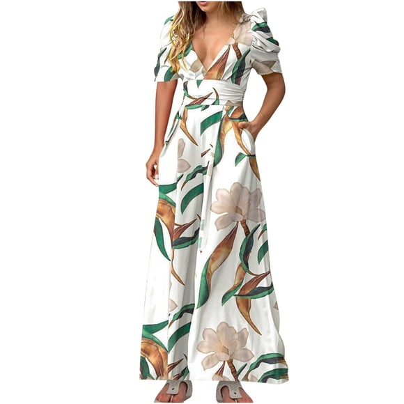 EQWLJWE womens jumpsuits Womens Pants Summer Fashion Womens Casual Short Sleeves Printed V Neck Straight Pants Jumpsuit With Pocket And Zipper