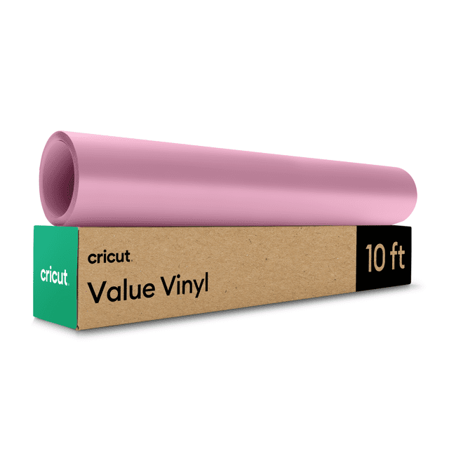 Cricut® Value Vinyl 12 in x 10 ft roll in pink with a matte finish, shown on its cardboard packaging labeled with Cricut branding and 'Value Vinyl' text, ideal for crafting personalized decals, labels, and DIY projects.