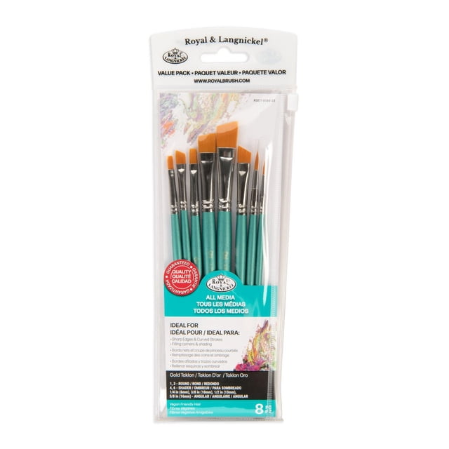 Royal & Langnickel 8pc Gold Taklon All Media Angular Variety Paint Brush Set with teal hardwood handles and silver ferrules, featuring synthetic orange bristles in round, shader, and angular shapes, stored in a clear zip-close pouch ideal for acrylic, watercolor, and oil painting, also suitable for detailed craft work.