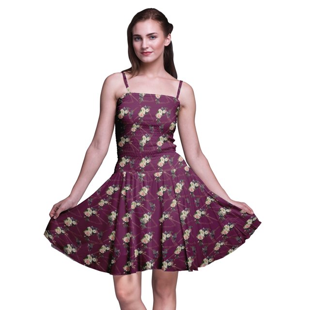 Bimba Robe Soleil Mini à Taille Smockée pour Femmes à Imprimé Floral, Tenue de Fête d'Été pour les Vacances - XX-Grand