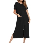 Besolor Womens Short Sleeve Robes Zipper Crew Neck Casual Summer Bathrobes Nightgown with Pockets Sleepwear S-2XL