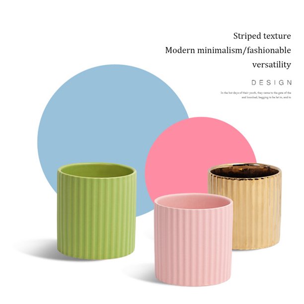 Striped Ceramic Flowerpot Pots Succulent Planter Round Indoor