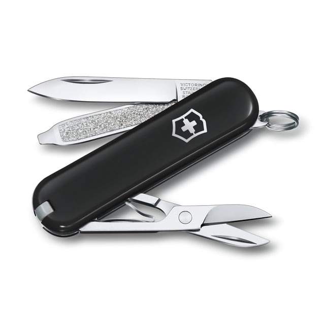 Victorinox Classic SD 7 Function Dark Illusion Black Pocket Knife with a sleek black handle featuring the Swiss cross logo. Includes a small straight edge blade, scissors, nail file with screwdriver, and other compact tools. Suitable for everyday use, hunting knives collection, and outdoor adventures.