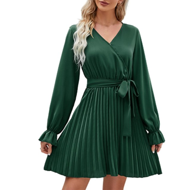Vente de Liquidation Robes d'Été pour Femmes 2023 Robe à Manches Courtes de Couleur Unie Col en V Midi Évasée Mode Élégante Fête Boîte de Nuit Vacances Plage Bord de Mer Bal de Rentrée Ligne A Ourlet Évasé Robe Plissée
