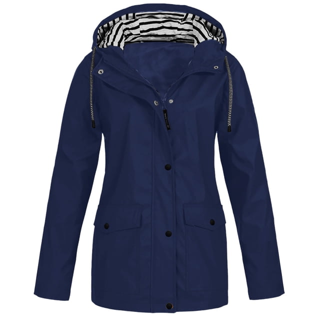 LSLJS Women Solid Rain Jacket Outdoor Plus Size Hooded Raincoat Windproof