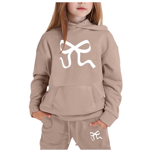 GDREDA Girls Sets 2 Piece Outfits Spring Children's Hoodie Set With Bow Print Khaki,8-9Years