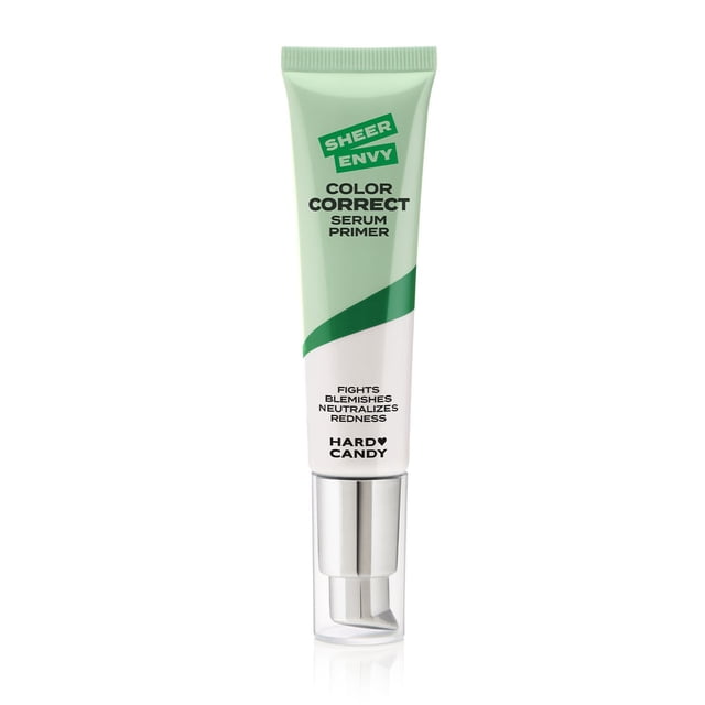 Hard Candy Serum Primers Sheer Envy Color Correct Serum Primer in a green and white tube with silver pump, a face primer that fights blemishes and neutralizes redness while hydrating and brightening skin for all skin types and tones.