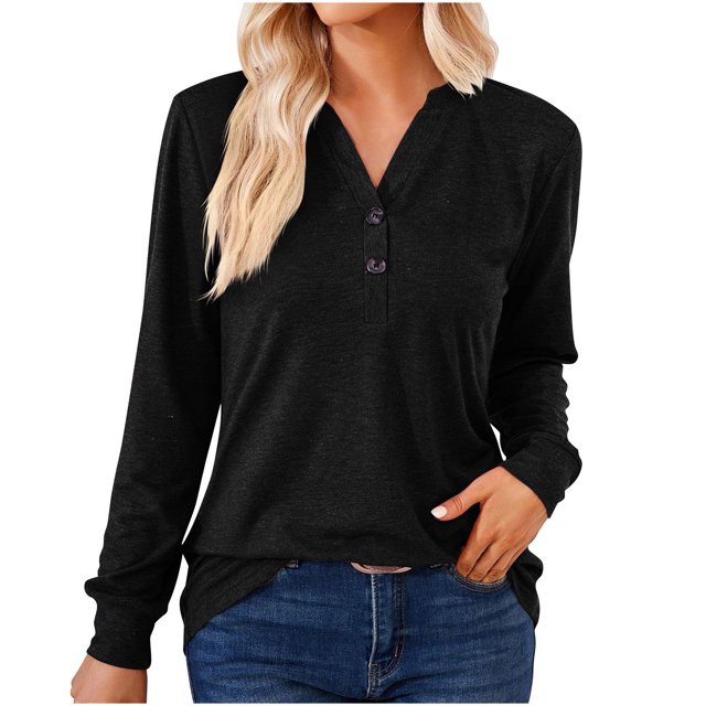 Yuyuzo Womens T Shirts Long Sleeve Tops V Neck Shirts Solid Color Basic Tees Tops Blouses