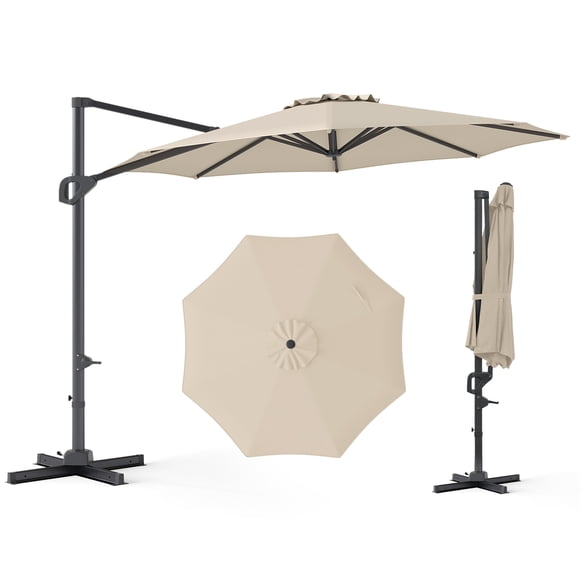 Costway 10 FT Patio Cantilever Umbrella with 360° Rotation, Easy Tilt Adjustment, 8 Ribs Beige