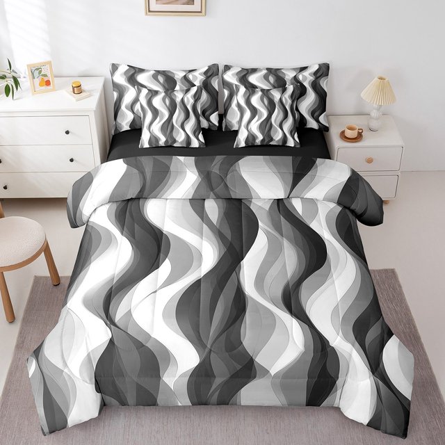 Erosebridal Ensembles de Literie Géométriques Noirs Format Double, Ensembles de Douillette Ombrée Abstraite avec Draps, Ensemble de Draps de Lit Réversible à Rayures Artistiques, Déco de Chambre Ultra Douce, 7 Pcs