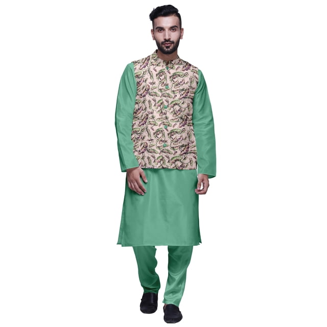 Atasi Solid Kurta Pajama & Printed Nehru Jacket Set For Mens Party Wear
