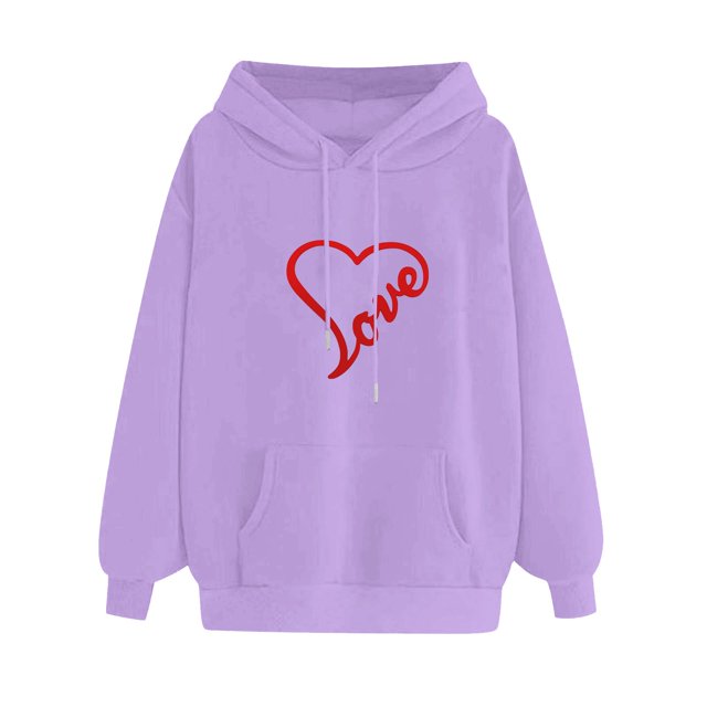WZXFASHION Women's Solid Color Long Sleeved Love Printed Hooded Sweater Clearance pullover sweater