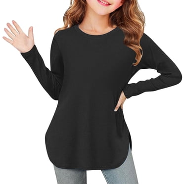 biudgviw T-Shirts à Manches Longues pour Filles Col Ras du Cou Doux Fente Latérale Couleur Unie T-Shirts Décontractés Mignons Tuniques 3-12 Ans