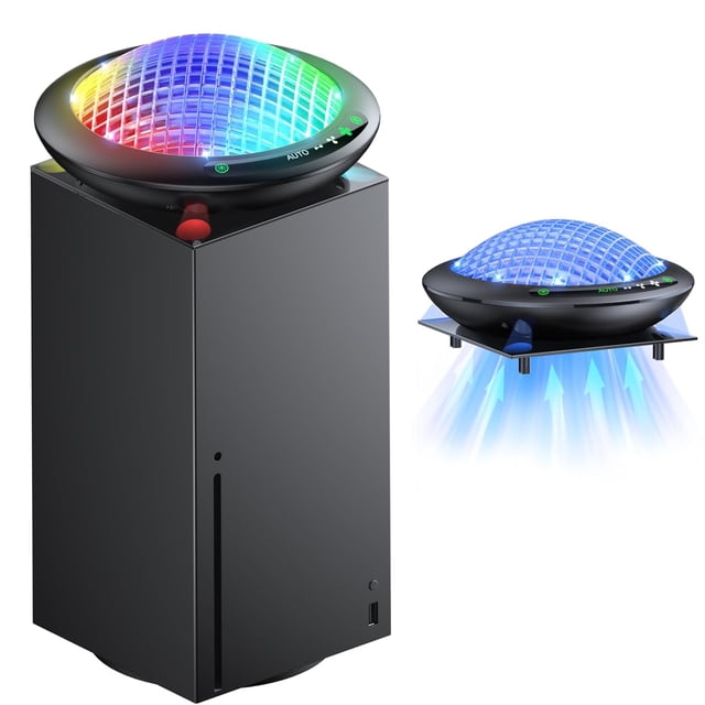 Cooling Fan for Xbox Series X with 11 RGB lights, designed for efficient heat dissipation and enhanced gaming aesthetics. The UFO-inspired fan mounts on top of the console, featuring a skeletonized top with vibrant RGB lighting effects. It includes a temperature-sensitive auto cooling system with adjustable fan speeds and a manual control mode. The curved structure improves cooling efficiency while adding a futuristic touch. A USB 2.0 port is visible for charging and data transmission, making it a versatile Xbox Series X accessory.