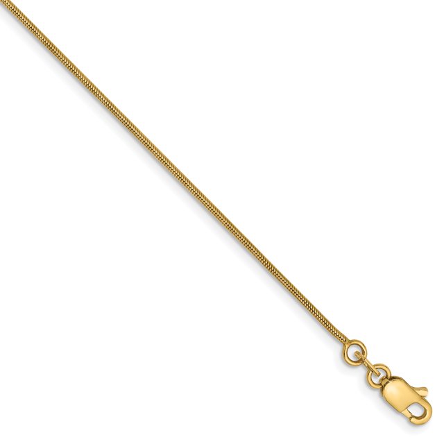 14K Yellow Gold .90mm Round Snake Chain featuring a polished finish and solid construction. The chain measures 8 inches in length and 0.9mm in width, with a lobster clasp for secure fastening. Made from 14K yellow gold using a die-struck and extruded manufacturing process, this chain is lightweight at approximately 0.62 grams. Suitable as a bracelet or necklace chain, it comes with a gift box.