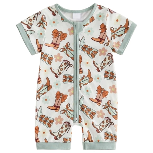 vigerkar Western Baby Girl Clothes Horse Print Cow Romper Zipper Long Sleeve Jumpsuit Cowgirl Outfit Summer Clothes (AG, 3-6 Months)