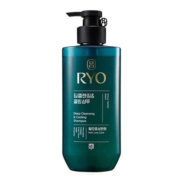 RYO Deep Cleansing & Cooling Shampoo 480ml in a teal bottle with a pump dispenser. The label features gold and white text, highlighting its Korean herbal formula for purifying and calming oily scalp. Ideal for hair care, it removes excess sebum and product buildup while providing a cooling sensation with menthol, green tea, and ginseng extract.