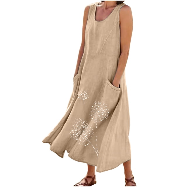 Yuyuzo Robe Grande Taille pour Femmes Été Sans Manches Coton Lin avec Poches Robe Longue Fluide de Plage