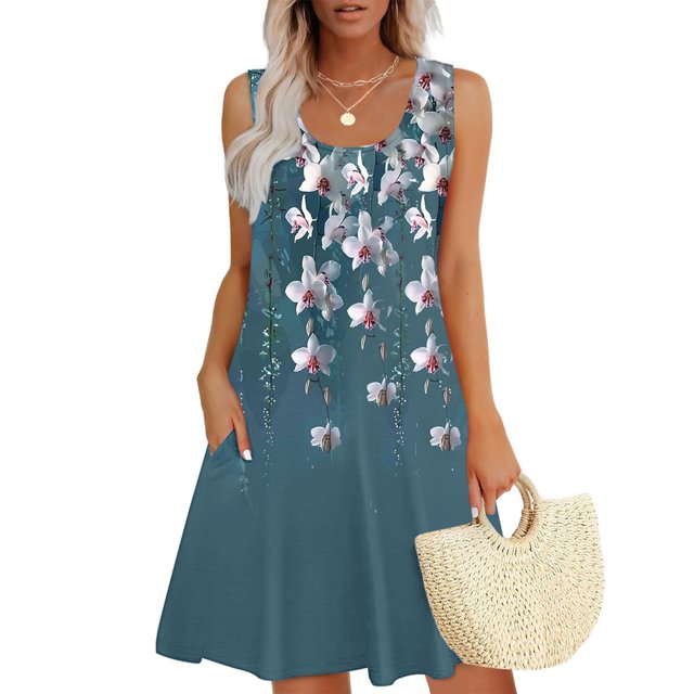Ovzne Robes pour Femmes Robe Décontractée Ample d'Été Imprimée Sans Manches Col en V Ensemble Haut/chemise Grande Taille Robe Imprimée Liquidation