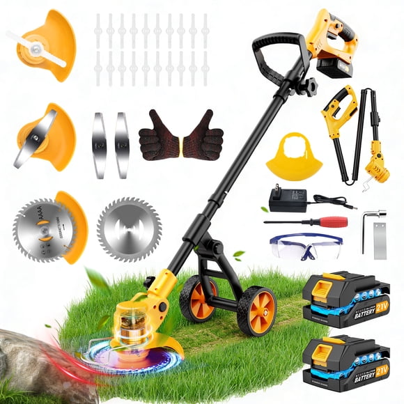 Amiluo 6-inch Electric Weed Wacker, 850W High-Power 8500 RPM Cordless String Trimmer with 4000mAh Battery, 3 Blades, Wheels & Adjustable Length, 3-in-1 Weed Eaters for Yard Garden, Yellow