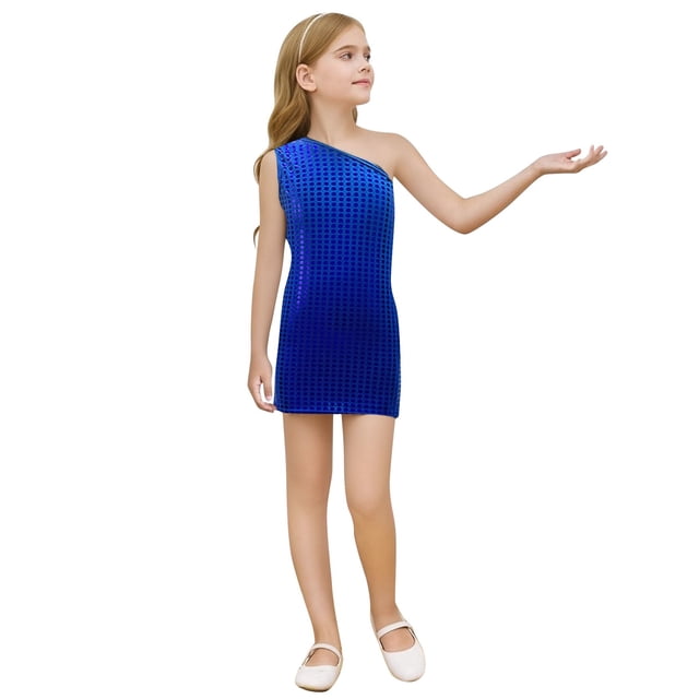 Wdgfv Robe à Paillettes pour Filles, Robe Moulante de Fête, Sans Manches, Robe de Danse Scintillante pour Anniversaire, Bleu, 4-5 Ans