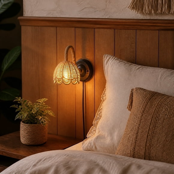 Woven Rattan Rope Wall Sconce with US Plug, Farmhouse Wicker Shade Plug In Wall Lamp,Warm Ambient Wall Light for Bedroom Bedside Dining Room Living Room Decor