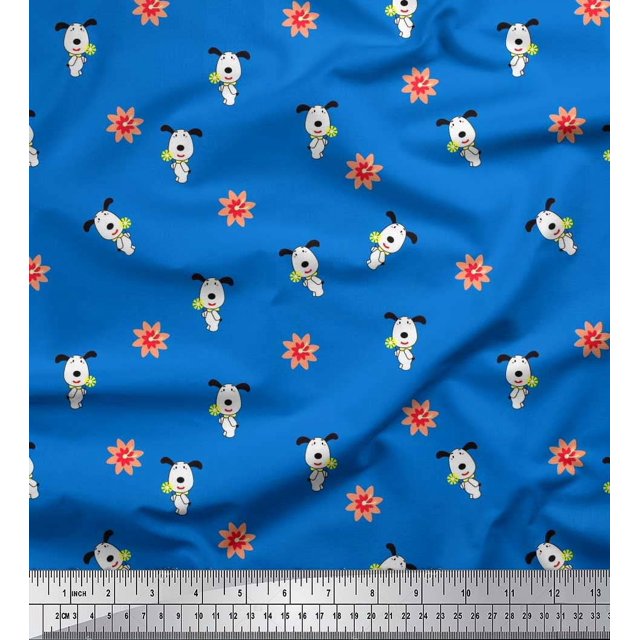 Soimoi Polyester Crepe Fabric Floral & Dog Cartoon Decor Fabric Printed Yard 52 Inch Wide