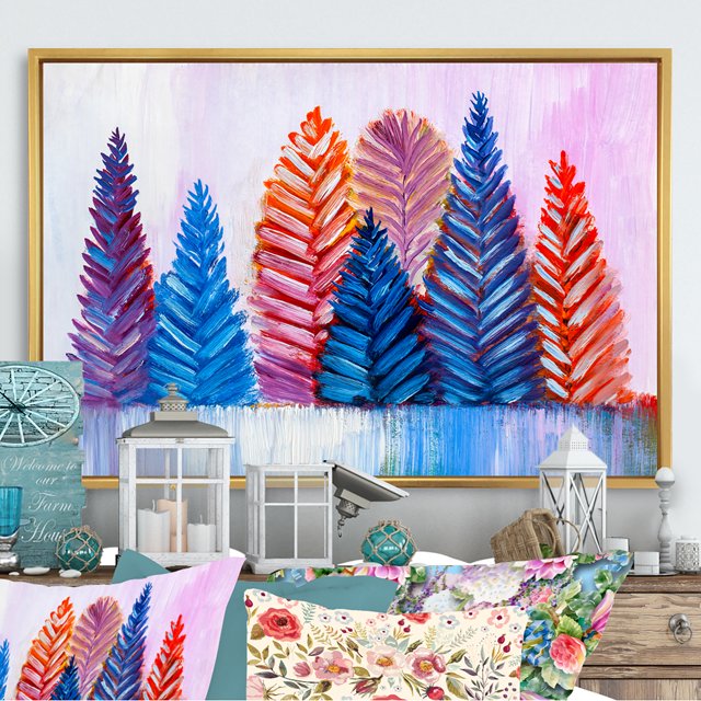 Designart Arbres de Noël Abstraits Cadre Flottant Traditionnel Art Mural Présentant une Représentation Vibrante d'Arbres de Noël Abstraits Multicolores dans des Nuances de Bleu, Rouge, orange et Violet sur un Fond Texturé. l'Oeuvre Est Imprimée sur Toile de Coton de Qualité Supérieure avec Encre Résistante à la Décoloration et Montée dans un Cadre Flottant avec une Finition Dorée. Exposée dans un Cadre Intérieur Festif avec des Lanternes Décoratives, des Coussins Floraux et des accents Rustiques. Prête à Accrocher avec instructions Incluses et Trousse de Suspension.
